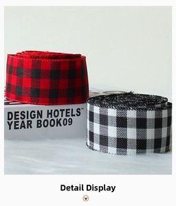 Close-up of red-black and black-white buffalo plaid ribbons with detailed woven texture