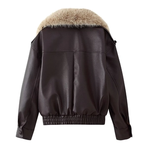 Detail view of brown faux leather jacket back with plush fur collar and ribbed hem