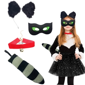 Halloween cat ear headband and raccoon costume set for girls including mask and tail