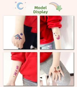 Detail of colorful glitter dinosaur temporary tattoos for kids showing various patterns