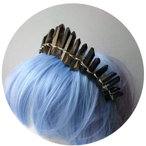 Gothic style smoked crystal crown headband with raw crystals on blue bob wig