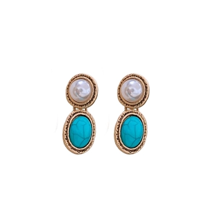 Vintage gold oval earrings with white pearl and turquoise stone in a classic court style