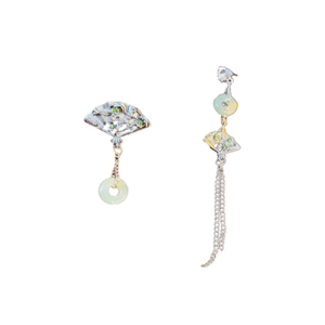 New Chinese style fan-shaped silver needle earrings with jade ring and long tassels