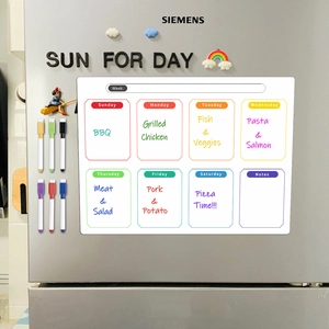 Magnetic weekly planner on fridge with six colorful markers and English schedule template