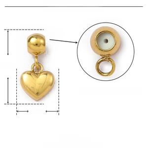 Détail du pendentif coeur en acier inoxydable avec bouchon interne et dimensions