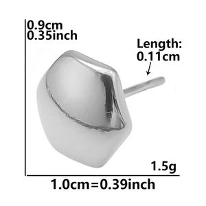 Detailed macro view showing the 0.9cm size and weight specs of silver pebble stud earring