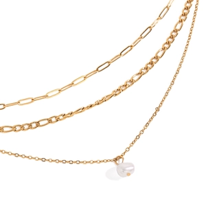 Detail of gold layered stainless steel necklaces with an irregular pearl pendant