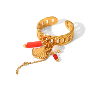 Gold stainless steel open ring featuring seashell pearl and red bead charm fringe