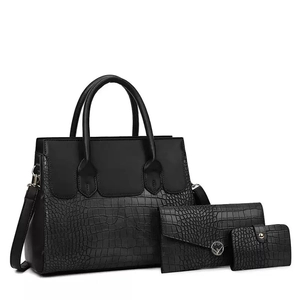 Black crocodile embossed 3-piece handbag set featuring a large tote and matching wallets