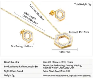 Detailtabelle mit Maßen für das sechseckige Strass Halsketten und Ohrring Schmuckset