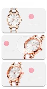 Détails du mouvement quartz cristal minéral et boîtier en alliage or rose de la montre