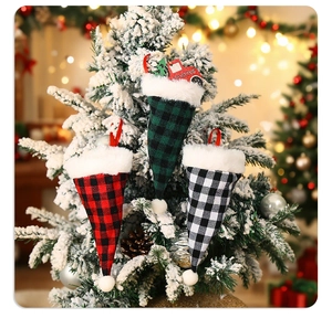 Three-piece set of plaid Christmas cutlery holders with white fur trim and hanging loops