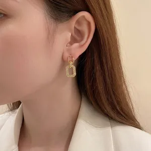Minimalist geometric square chain earrings with pavé crystals in gold-plated finish