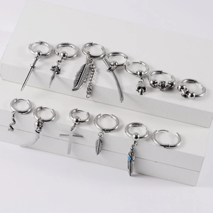 Gothic punk stainless steel earrings set featuring cross, skull, and sword dangles