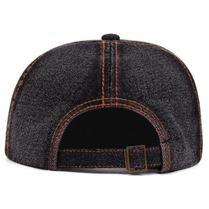 Vintage dark denim beret newsboy hat with orange contrast stitching and metal buckle