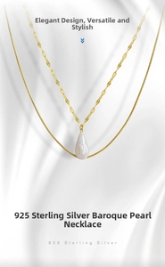 Detail of s925 silver double layer necklace with a natural baroque drop pearl pendant
