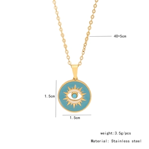 Detail view of gold evil eye pendant showing 1.5cm diameter and 40+5cm chain length