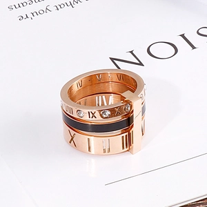 Macro shot of rose gold titanium steel stacked ring with Roman numerals and black enamel