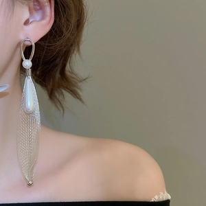 Detail of silver needle earrings with pearls, tassels, and mesh leaf drop pendants