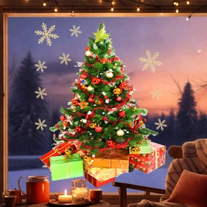 Close-up of festive Christmas tree static stickers with gift boxes and snowflakes on glass