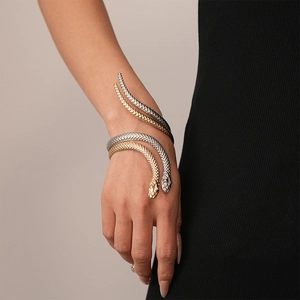Elegant 2-piece serpent coil bracelet set with realistic snake scale texture in gold and silver
