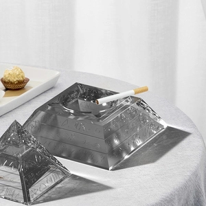 Ancient Egyptian pyramid glass ashtray with smoky finish and hieroglyphic engravings