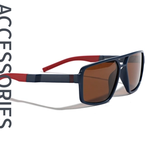 Square TR90 polarized sunglasses in navy blue and red frame shown from a 45-degree angle