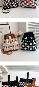 Macro shot of knitted drawstring bucket bags showing textured geometric and plaid patterns