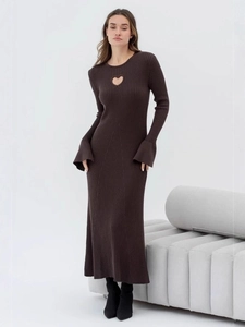Women Ribbed Knitted Maxi Dress Heart Cutout Flare Sleeve Slim Fit Long Sleeve Cotton Polyester Casual Style