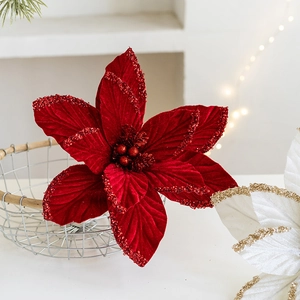 Artificial Christmas Poinsettia Flower Velvet Glitter Floral Ornament For Tree Party Decoration Festive Home Accent