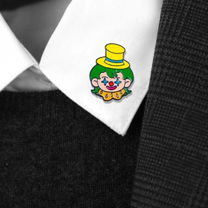 Cute cartoon clown enamel pin badge on white shirt collar for creative bag and clothing decor