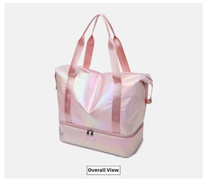 Detailed view of pink iridescent travel bag with double layer and bottom shoe compartment