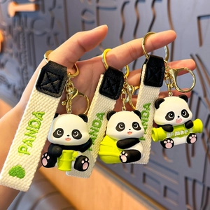 Cute resin panda and bamboo keychain set with embroidered straps for bag decoration