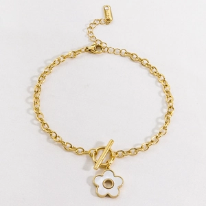 Gold stainless steel OT toggle bracelet with white enamel flower charm for women