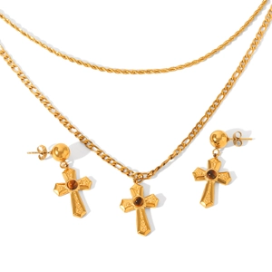 Double-layered gold cross necklace and earrings set with inlaid brown tiger eye stones