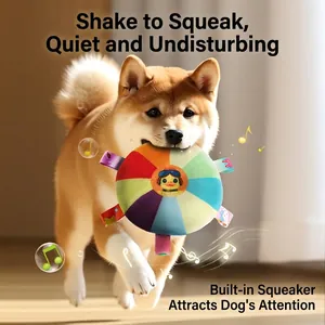 Interactive plush dog frisbee with squeaker and colorful ribbon handles for fetch