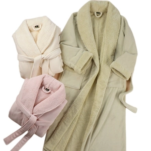 Thick double-layer fleece bathrobe for men in off-white, soft pink, and green colors