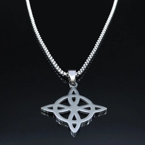 Silver Viking Celtic knot pendant necklace with snake chain on dark background