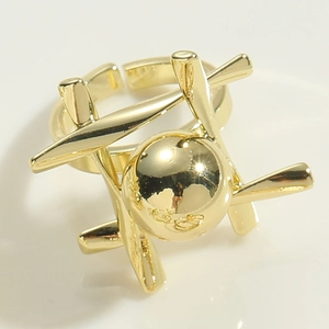 Macro detail of adjustable gold geometric ring featuring triple bars and polished bead