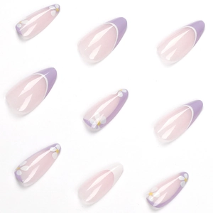 Elegant purple and white French press-on nails with daisy floral prints and glossy finish