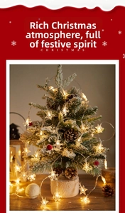 Close-up of warm white LED snowflake and star string lights on a Christmas tree