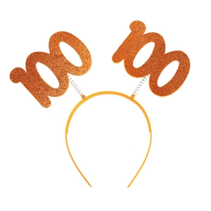 Sparkly orange glitter number 100 party headband with springs on a white background