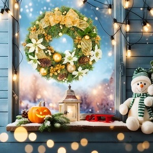 Christmas wreath with gold ornaments and pine cones hanging on a snowy blue window