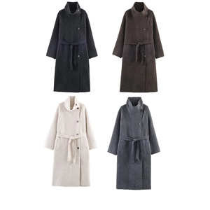 Manteau Long Pour Femmes Style Français Texture Laine Avec Ceinture Élégant Col Haut Revers Boutons Hiver