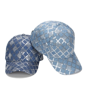 Fashionable denim baseball caps with silver sequin diamond patterns in blue and light blue