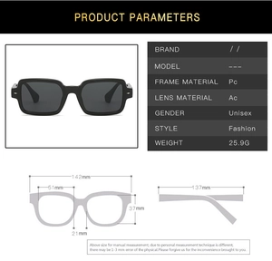 Detailed sizing chart and material specs for black square frame retro sunglasses
