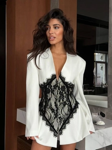 Women Long Sleeve Blazer Dress With Lace Patchwork Waist Corset Design Slim Fit Sexy Lapel Neck Fashion Streetwear Jacket