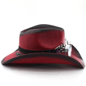 Steampunk western cowboy hat with red and black gradient and silver goggles accessory