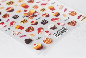 Close-up of TS-277 dessert themed 5D nail art stickers with cake and donut illustrations
