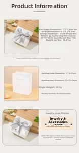 Detailed specs of white jewelry box with bow and matching carry bag for rings and necklaces